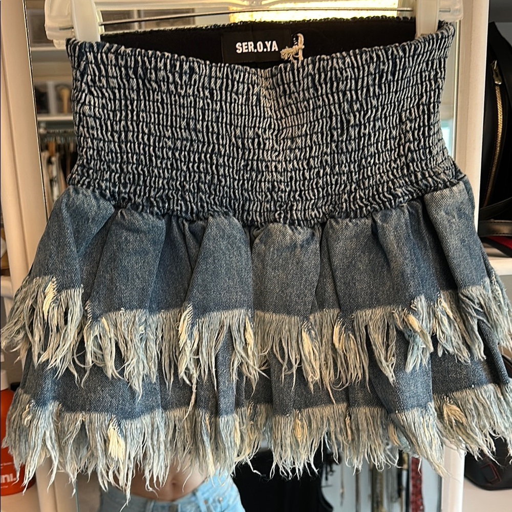 SER.O.YA Blue Denim Fringe Skirt
